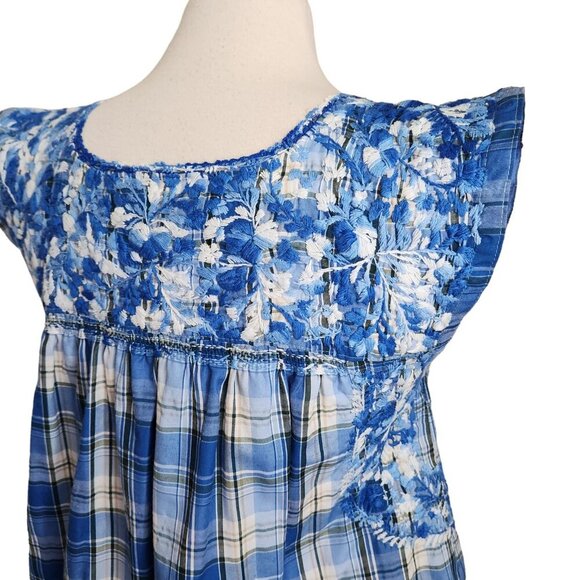 MI GOLONDRINA Soledad Blouse Women's Small Floral Ruffle‎ Top Lago Blue Plaid - Picture 6 of 12